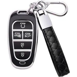 For Hyundai Key Fob Cover-5 Button Soft TPU With Leather Keychain, 360 Degree Protection Car Key Case Shell Holder For 2020 - 2023 Hyundai Sonata, Santa Fe, Tucson - Black