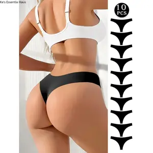 Women's 10-Pcs Minimalist Seamless Appearance Black Solid Thong Panties, Soft, Comfortable, Breathable Underwear for All-Seasons Daily Wear