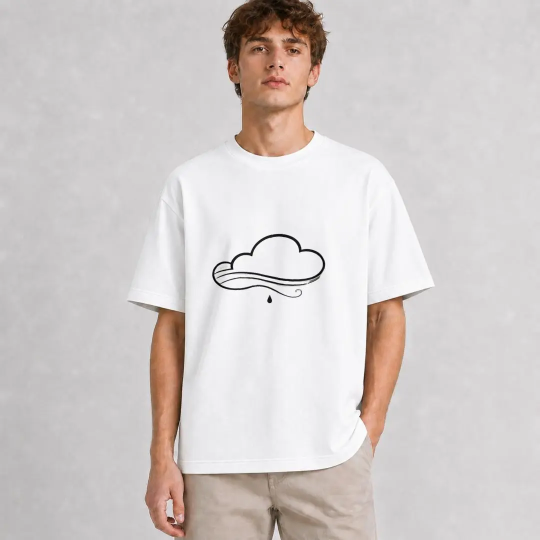 XTAUTO  Minimalist Line Art Cloud And Raindrop Design, Unisex T-Shirt, Simple Weather Illustration Theme, Casual Daily Wear For Spring And Summer, Gift For Friends And Family Who Love Cute And Clean Aesthetic Styles