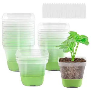 10/30pcs Plastic Square Flower Pots, Clear Planting Nursery Pots, Seedling Pots, Reusable Breathable Silicone Bottom, Garden Supplies, Stackable Pots