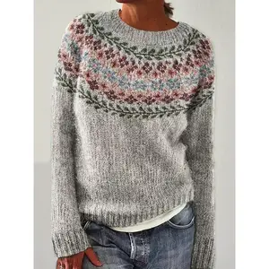 Vintage Fair Isle Geometric Pattern Crew Neck Pullover Sweater, Polyester Knit Fabric with Medium Stretch, Regular Fit Long Sleeve, Color Block Design, for Fall/Winter Knitwear Womenswear Tops Knitting Crewneck Fitted Grey