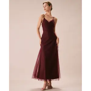 RIHOAS Women's Wine Red V-Neck Mesh Wrap Maxi Dress, Feminine Womenswear with Slim Fit, Lightweight Design
