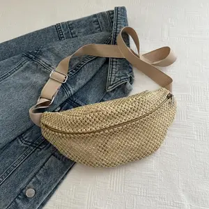 Woven Crossbody Bag Light Bohemian Waist Bag with Zipper Trendy Half Moon  Woven Bag Large Capacity Anti-theft Woven Handbag Phone Holder Portable Adjustable Sports Pouch Women