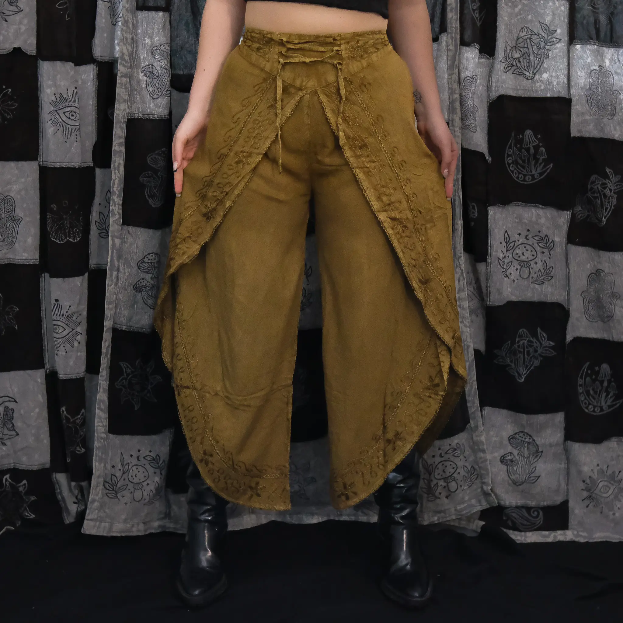 Flowy Boho Palazzo Pants with Embroidery & Slit Design, Embroidered Festival Palazzo Pants, Wide Leg Boho Trousers