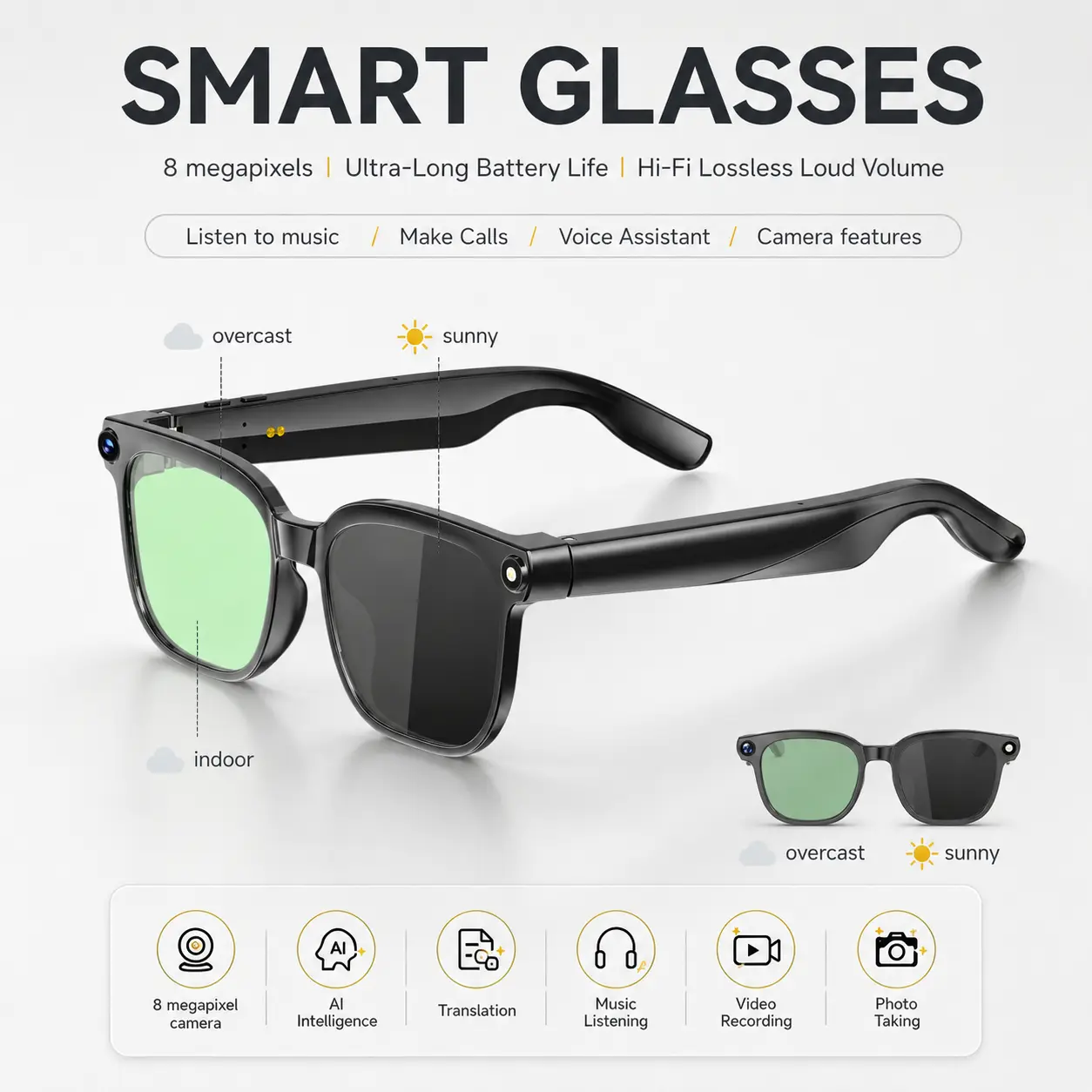 8MP AI Smart Camera Glasses with ChatGPT, Photochromic Lenses, UV Protection, Real-Time Translation in 160+ Languages,  Photo and HD Video gafas con bluetooth hands-free recording