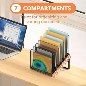 Metallic + Wooden Desktop File Organizer, 7 Vertical Folder Rack, Teacher Office Desk Organizer, Classroom Table Organization (tilted), Office Accessories