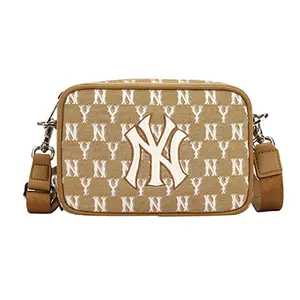 MLB Monogram Series New York Yankees Retro Print Khaki Fabric Camera Bag, Everyday Stylish Commuter Trendy Zipper Crossbody-Shoulder Bag for Men & Women, Everyday Crossbody Bag, Stylish Crossbody Bags