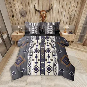 Feelyou 7-Piece Aztec Geometric Print Comforter Set with Sheets - Multi-Size Breathable Bedding Set, Southwest Tribal, Bohemian Vibe Bed-in-A-Bag for Adults, Black Brown