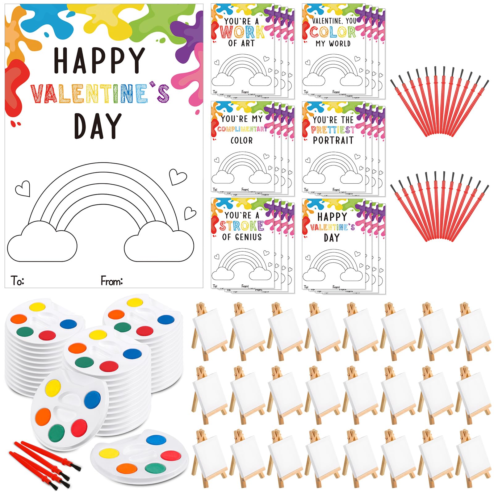 18/36 Pcs Mini Watercolor Paint Sets Valentines Day Gifts Bulk for Kids Valentines Cards Include watercolor Paint and Canvas Panel with Wooden Easel Brush Kit for School Classroom teacher students Holiday Gifts