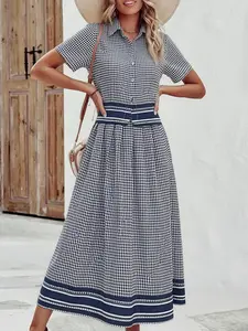 Celderio Women Elegant Lapel Short Sleeve Button Up Shirt Plaid Printed Long Skirt Two-Piece Set Suit