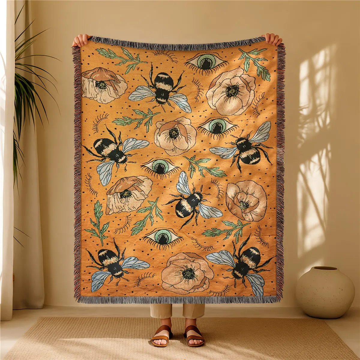 Little Bee Pattern Bohemian Yarn Jacquard Woven Blanket with Tassel, Thick Soft Washable Blanket, Used for Home Decor Sofa Chair Bed Tapestry Tablecloth Floor Garden Picnic Outdoor Camping