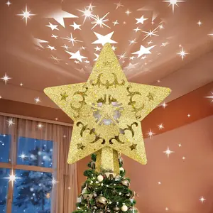 Christmas  Tree Topper with Rotating LED Projector Lights,   Glitter 5-Point , Plug-in Tree Top Ornament for Indoor Christmas Tree Decorations Holiday Decor