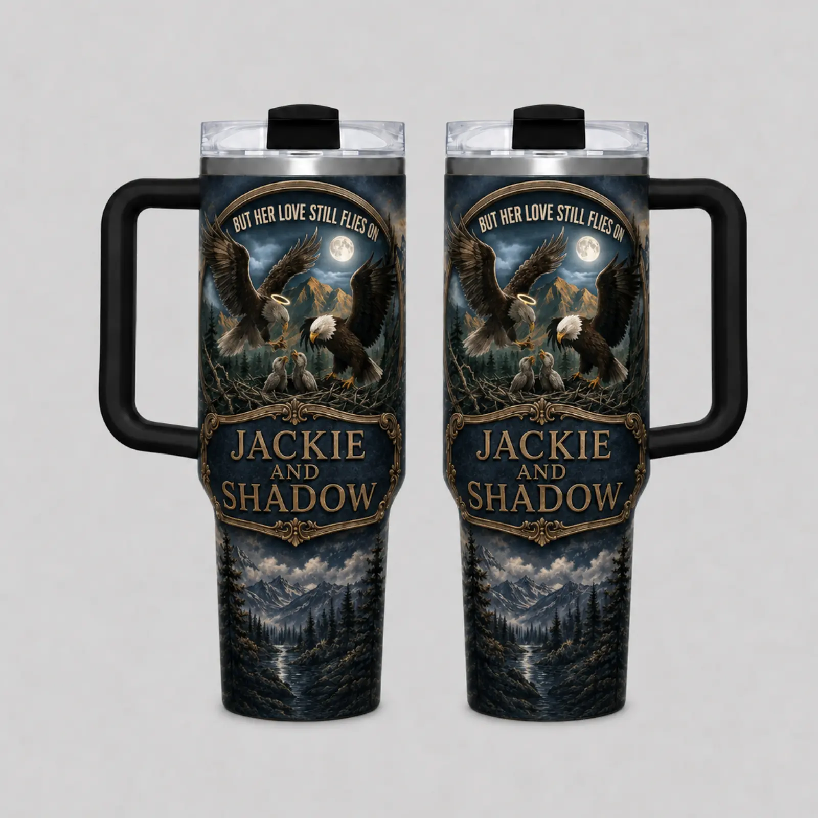 Jackie & Shadow Eagle 40oz 20oz Insulated Tumbler with Handle, Mountain Wildlife Travel Mug, Bald Eagle Nature Cup, Outdoor Adventure Drinkware, Hiking Camping Gift for Men Women, Wildlife Lover Gift, Reusable Stainless Steel Tumbler for Nature Lovers USA