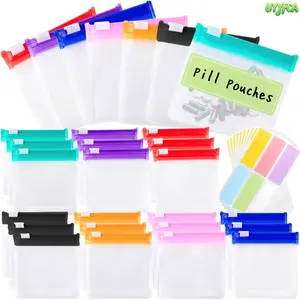 7&28 Pack Color Coded Slide Lock Pill Pouches, Reusable Clear Translucent Zipper Medicine Organizer with Blank Labels,Travel Portable  Waterproof Leakproof Self Sealing, Ideal for Daily Carry, Vitamins and Small Items Storage Beach vacation Summervibes