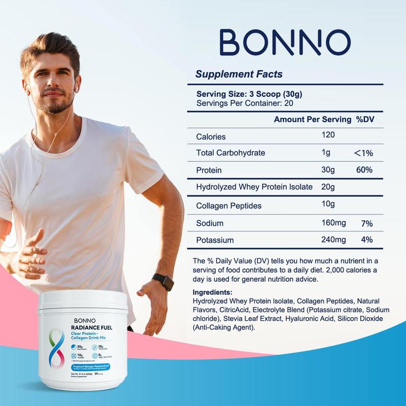 Bonno 30g Dual Protein Powder with Clear Whey & Collagen for Muscle Recovery & Glowing Skin, Refreshing Mango Passionfruit, 20 Servings Drink Mix