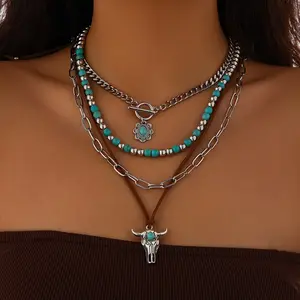 Bohemian custom duplex turquoise pine stone pendant multi-layer bead-shaped necklace set with stacked silver beads hand-crafted jewelry for holiday travel