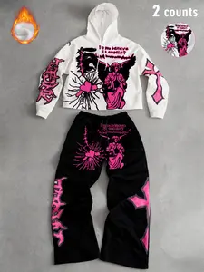 Tiktok Trendy Y2K Style Angel Hoodie & Pants Set, Outfit, Graphics, Fall Winter Fitted, Streetwear Gothic Couple Look, Casual Daily Wear