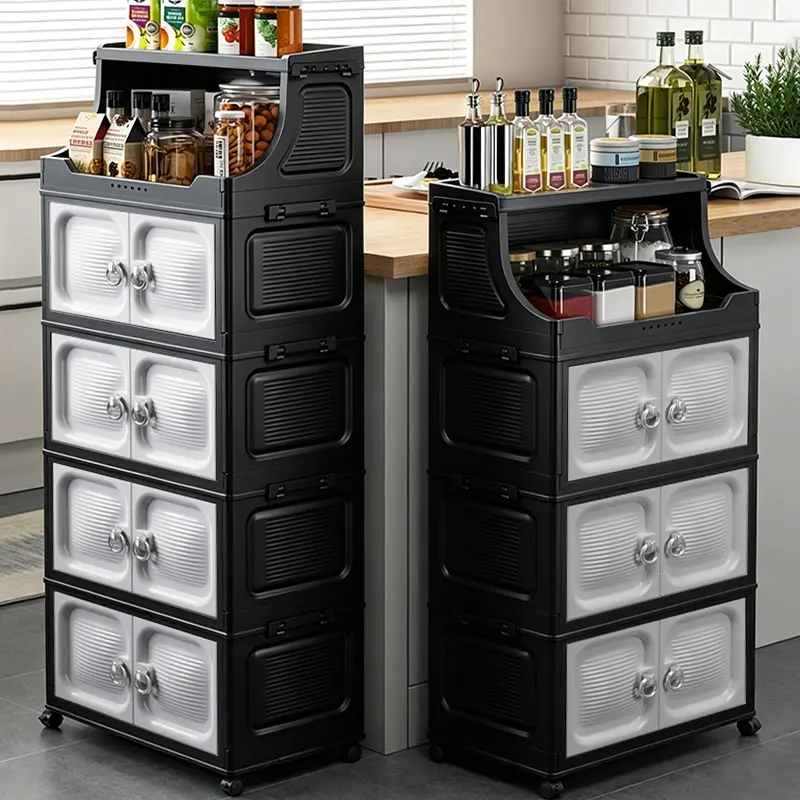 Portable Folding Storage Cabinet with Wheels – Multi-Tier Stackable Organizer with Open Shelves, Modular Storage Bins with Handles for Entryway, Large Capacity Vertical Storage Unit for Kitchen, Living Room, Bathroom, Study Room Organization and Storage