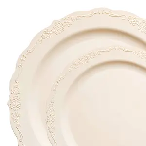 Ivory Vintage Round Disposable Plastic Dinnerware Value Set