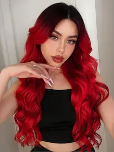 26 Inch Red Wigs Long Wavy Wig Ombre Red Colorful Wigs Middle Part Curly Waves Heat Resistant Synthetic Hair Wig For cosplay, daily, party, etc