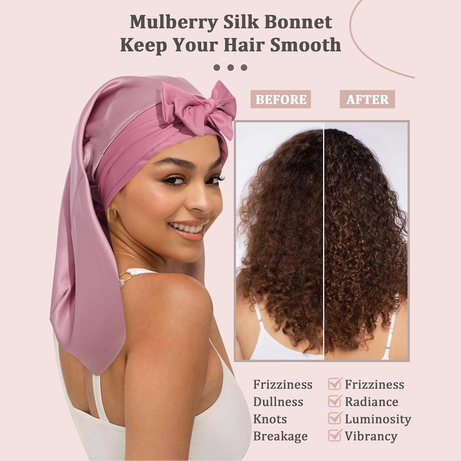 AWAYTR 100% Mulberry Silk Bonnets Long Hair Bonnets Ladies Tie Band Nightcap for Sleeping Haircare Hair Wrap for Braids Curly Hair Gifts Pink Black Headwear