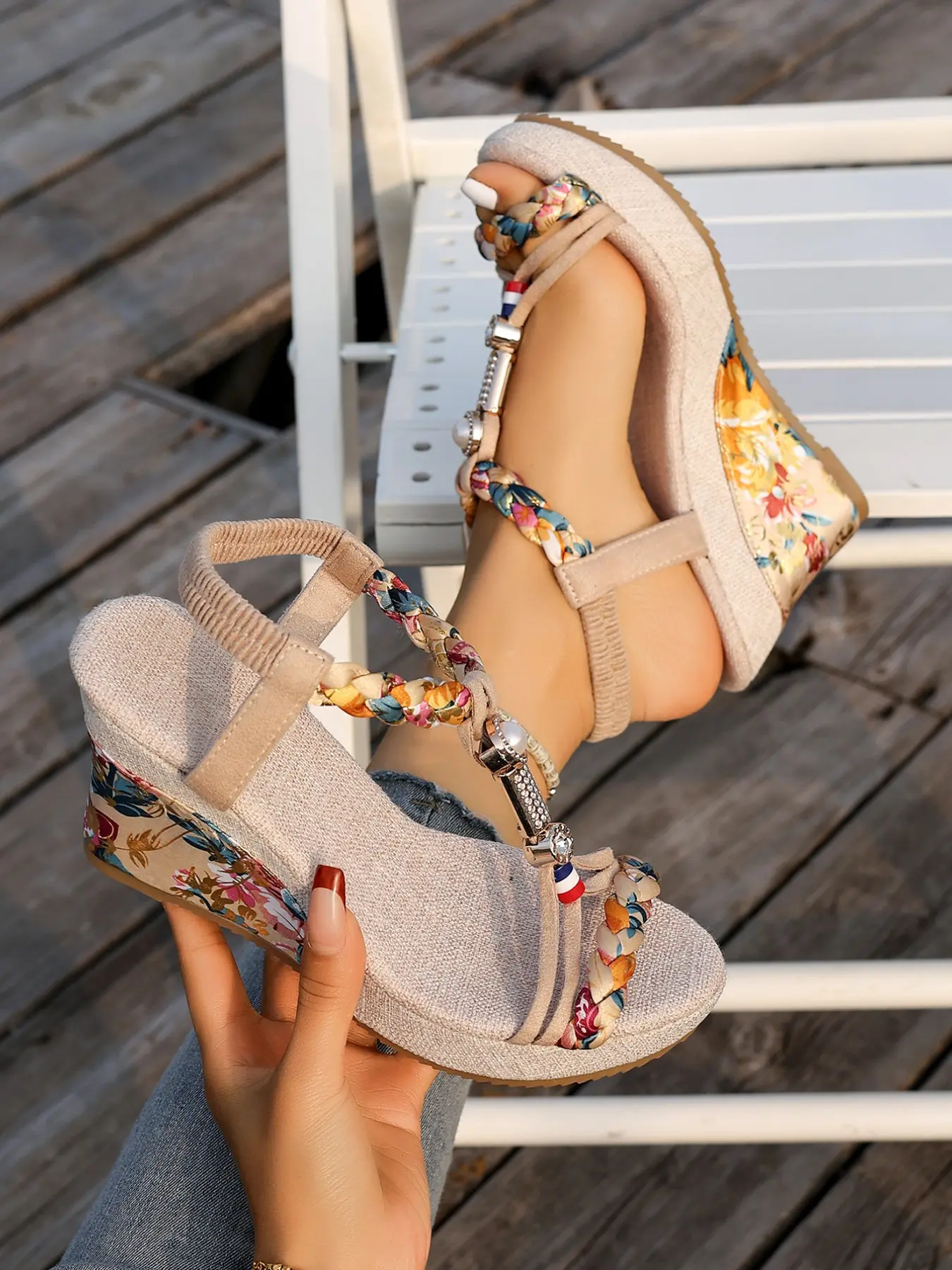 Women's Summer Boho Style Wedge Sandals, Thick Sole Elastic Strap Casual Shoes, Textile Upper PVC Sole, Medium Width, Outdoors Fashion, Floral Wedges