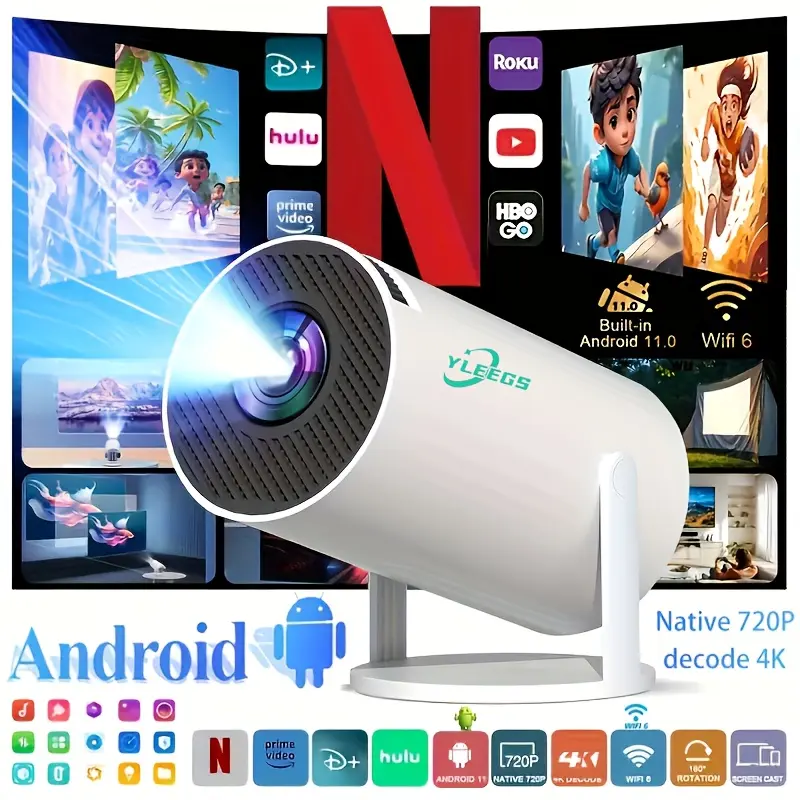 HY300 Pro Compact Mini Projector, 4K-Supporting Portable Model with Dual-Band WIFI6 5G Wireless & 5.2 Wireless, Android 11.0, 180° Rotatable, Auto Keystone Correction, 88.9cm-3.3m Screen, for Indoor Use, Compact Form