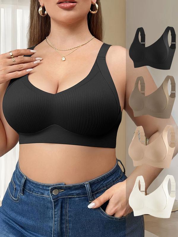 4 Pack Plus Size No Underwire Bras, Wireless Tank Bra, Soft Medium Support Wide Shoulder Straps, Casual Daily Comfort, Plain Pattern, Lined