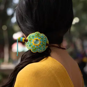 Sky High - Native Beaded Hair Barrette in Cheerful Blue & Yellow - Handmade by Mexican Artisans - Mother Sierra