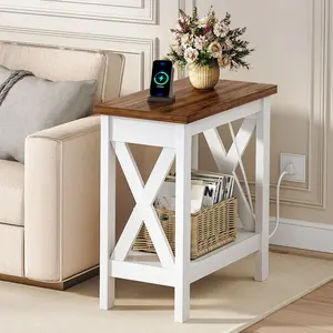 HOOBRO Farmhouse End Table with Charging Station, Narrow Side Table with Open Shelves, 2-Tier End Table with X-Shaped Frame, Small Accent Table, Slim Nightstand, Narrow Sofa End Table, Bedside Table for Living Room, Bedroom, White and Walnut