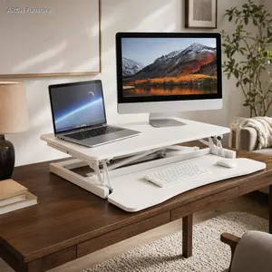 Ergonomic Home Office 32-Inch Height-Adjustable Rectangular Top Sit-to-Stand Desk Converter, Sturdy Metal Base, Large Dual Monitor & Laptop Workstation Surface, Wide Keyboard Tray, Office Furniture Accessory, White