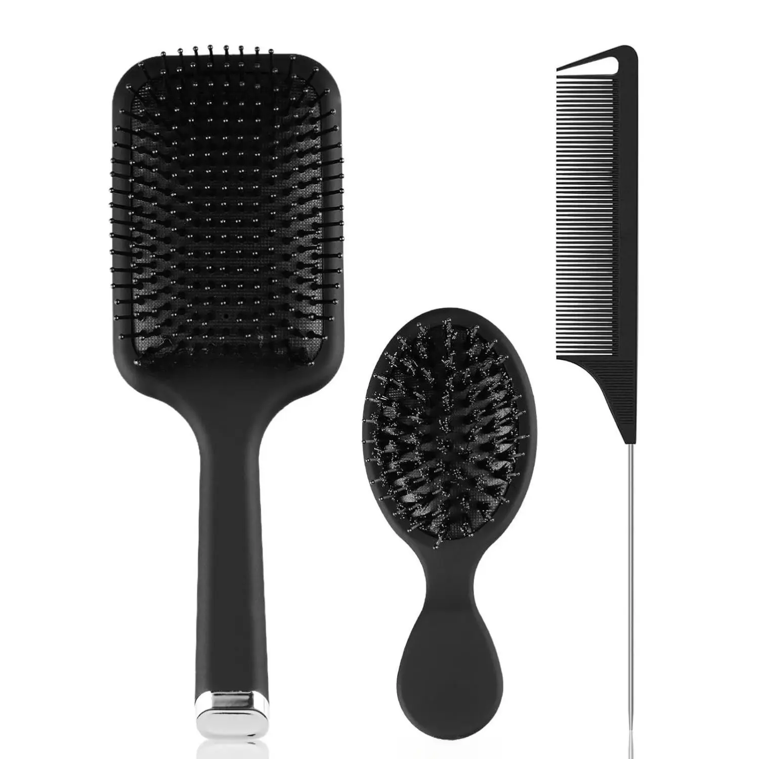 Complete 3-Piece Paddle Hairbrush and Comb Set for All Hair Types: Including a Large Paddle Brush, Mini Travel Boar Bristle Detangling Brush, and a Fine Rattail Styling Comb – Perfect for Women, Men, Curly, Thick, Thin, and Wig Hair