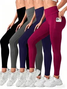 Women's 4-Pack High Waist Stretchy Pocket Sports Leggings - Breathable Activewear Bottoms, Fitness Yoga Pants, Gym Sportswear Bottoms, Gym Tights Clothes for Workout, Running
