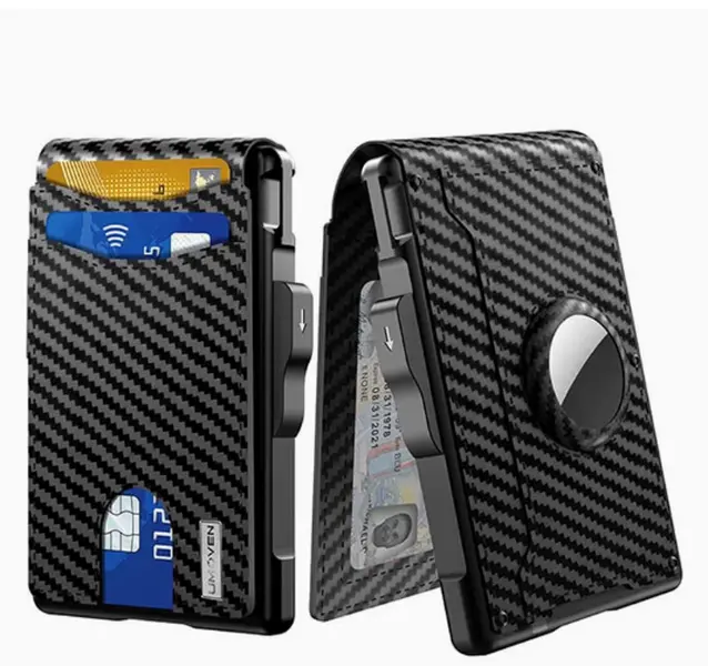Men Minimalist Carbon Fiber Smart Wallet For Airtag, RFID Blocking Pop Up Aluminum Credit Card Case With ID Window, Bifold Holder Stores 12+ Cards, Portable Gift For Daily Travel Business, Airtag Not Included,home decor, Anti-Theft