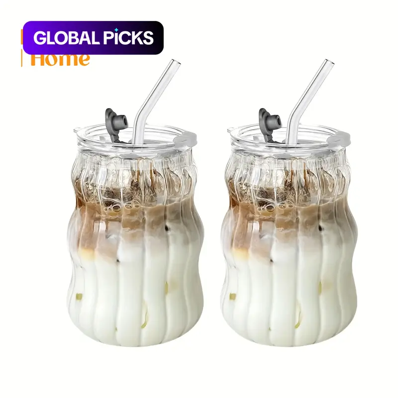 Glass Cup with Straw & Lid, 1/2 Counts 18oz Wave Bubble Beverage Water Tea Coffee Glasses, Drinking Cup for Home Kitchen Dining Room, Durable Glass Cup #TOP PICKS