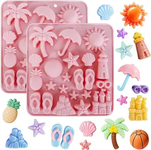 Summer Beach Theme Silicone Candy Molds 2 PCS, Chocolate Moulds Set for Resin, Coastal Design with Palm Tree, Lighthouse, Seashell, Starfish, Pineapple, Sand Castle Tropical Patterns