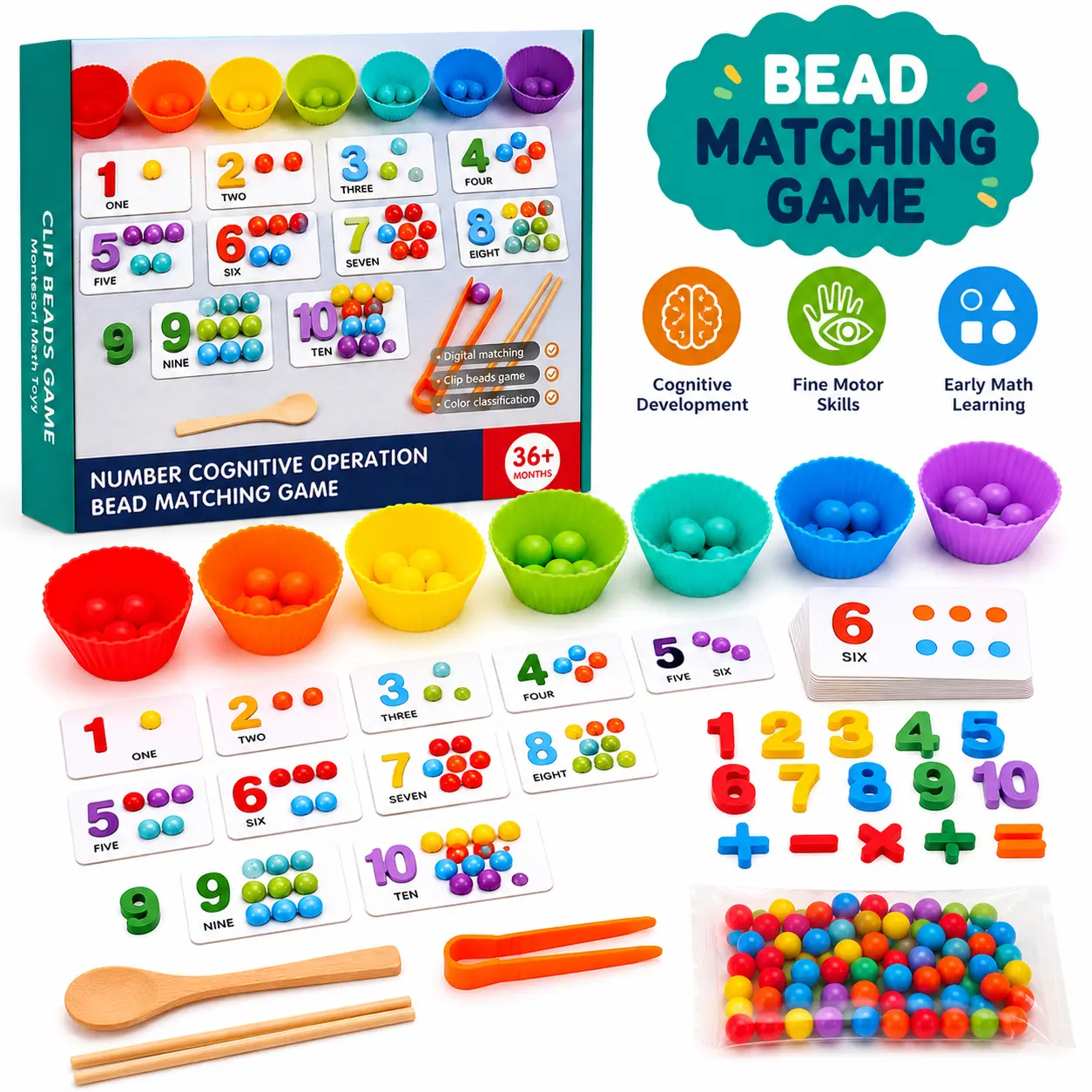 Montessori Math Bead Matching Kit - Montessori Toys for Toddlers, Preschool Early Education STEM Sensory Activity with Color Sorting, Counting, Addition, Subtraction, Number Recognition, Fine Motor Skill Development, Cute Maths Toys, Playful Maths Toys