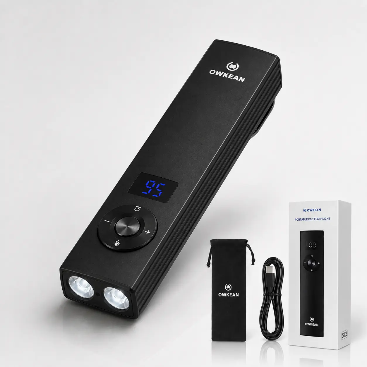 OWKEAN S12 Rechargeable EDC Flashlight, Portable Dual LED Pocket Light with Digital Display for Camping, Travel & Emergency