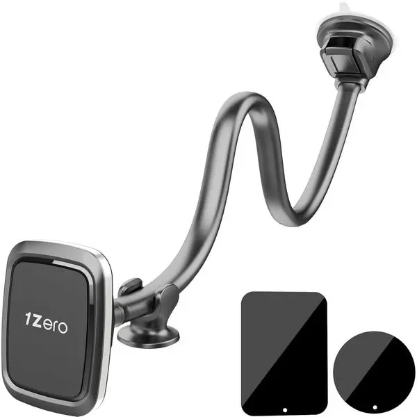 1Zero Magnetic Phone Car Mount 14-Inch Gooseneck Long Arm Extension, Universal Windshield Dashboard Industrial-Strength Suction Cup Car Phone Holder for All Cell Phones (Magnetic Phone Mount)