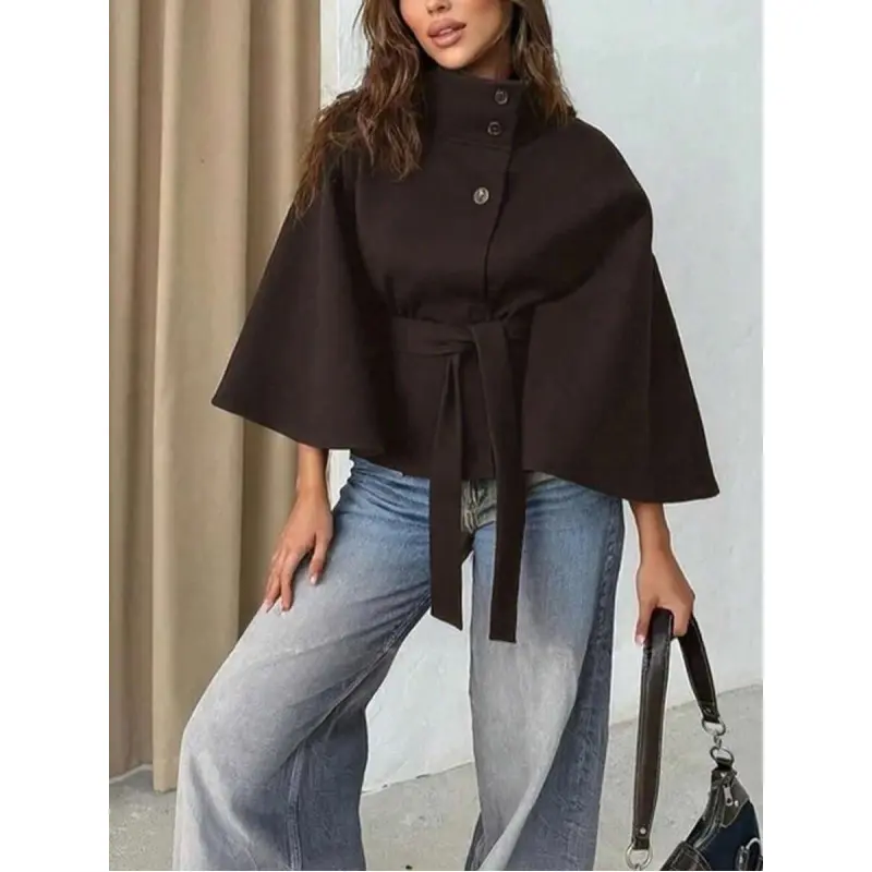 Women's Solid Color Front Button Tie Waist Woolen Cloak, Casual & Date Wear, Autumn/Winter Overcoat