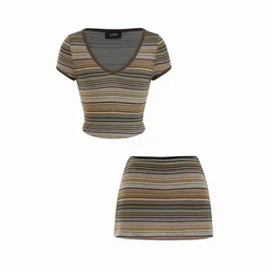 Cider High Stretch Striped V-Neck Crop Top & Low Rise Mini Pencil Skirt Set