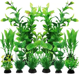 PietyPet Fish Tank Accessories Green Plants, 10pcs Green Fish Tank Decorations, Aquarium Decor Plastic Plants