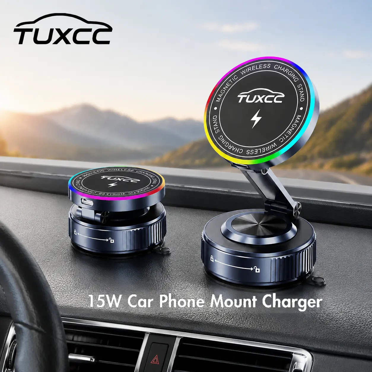 #summerfinds,TUXCC 15W Vacuum Magnetic Car Phone Mount Charger, 15W Wireless Fast Charging, Car Phone Holder,360° Adjustable,Heat Resistant up to 85°C,Washable & Reusable,Includes Magnetic Ring for Universal Phone Compatibility,Not Just for MagSafe Phones