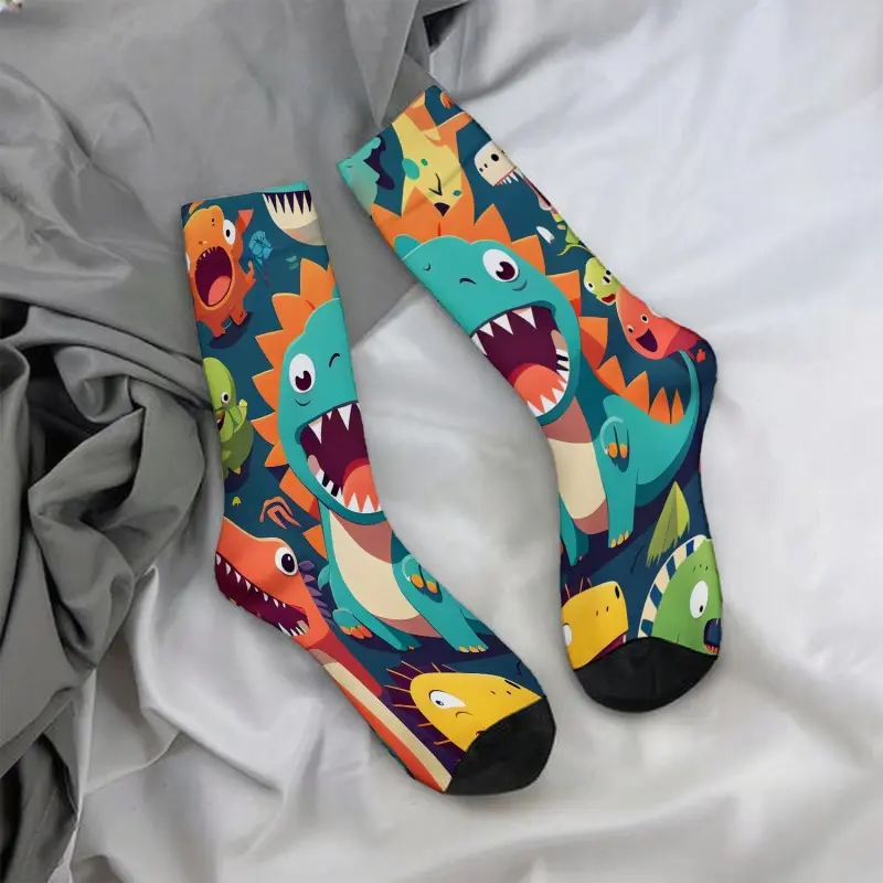 Colorful dinosaur cartoon pattern decorative mid-calf socks, casual, soft, comfortable, and a must-have for autumn and winter.