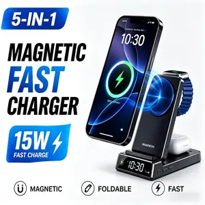 Upgraded version5-in-1 elecdov wireless charging station  supports Samsung galaxy/other Android phones (Galaxy S26 ultra), Galaxy Watch/Pods, iPhone 12-17/AirWatchPods, offering15W fast charging.  CE19 features vents, a foldable design, a bedside clock
