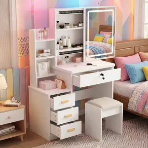 Vanity table set with mirror and lights, 4 drawers and shelves, makeup desk with 3-color LED lights, suitable for bedroom, modern white style