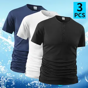 3-Pack Men's Henley Neck Short Sleeve T-Shirts, Polyester Muscle Slim Fit Tees, Quick Dry Breathable Casual Workout Tops for Gym, Running & Daily Wear