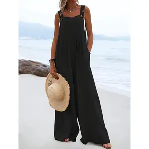 Women's Casual Loose Overalls Jumpsuits One Piece Sleeveless Wide Leg Long Pant Rompers With Pockets