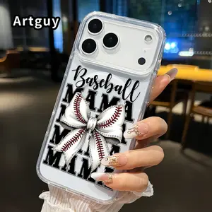 Magnetic Phone Case Supports Wireless Charging for iPhone 17 16  Pro Max Plus 15 14 13 12 11 Air E Baseball Mama Bow Pattern Non-Yellowing Shockproof Soft Silicone Transparent Acrylic Large Hole Cover