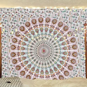 Handmade Indian hippie Bohemian Psychedelic Peacock Mandala Wall hanging College Dorm Beach Throws Table Cloth Bedding Tapestry Floral Gold Twin(54x72Inches (140x185cms))
